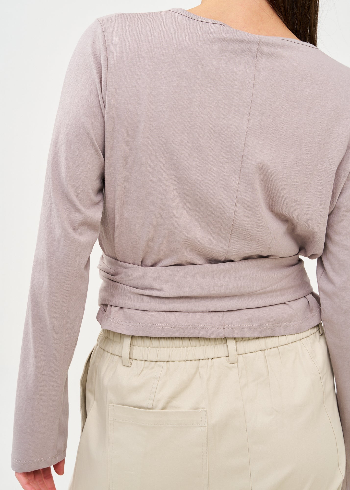 Gray long sleeve tie-waist top
