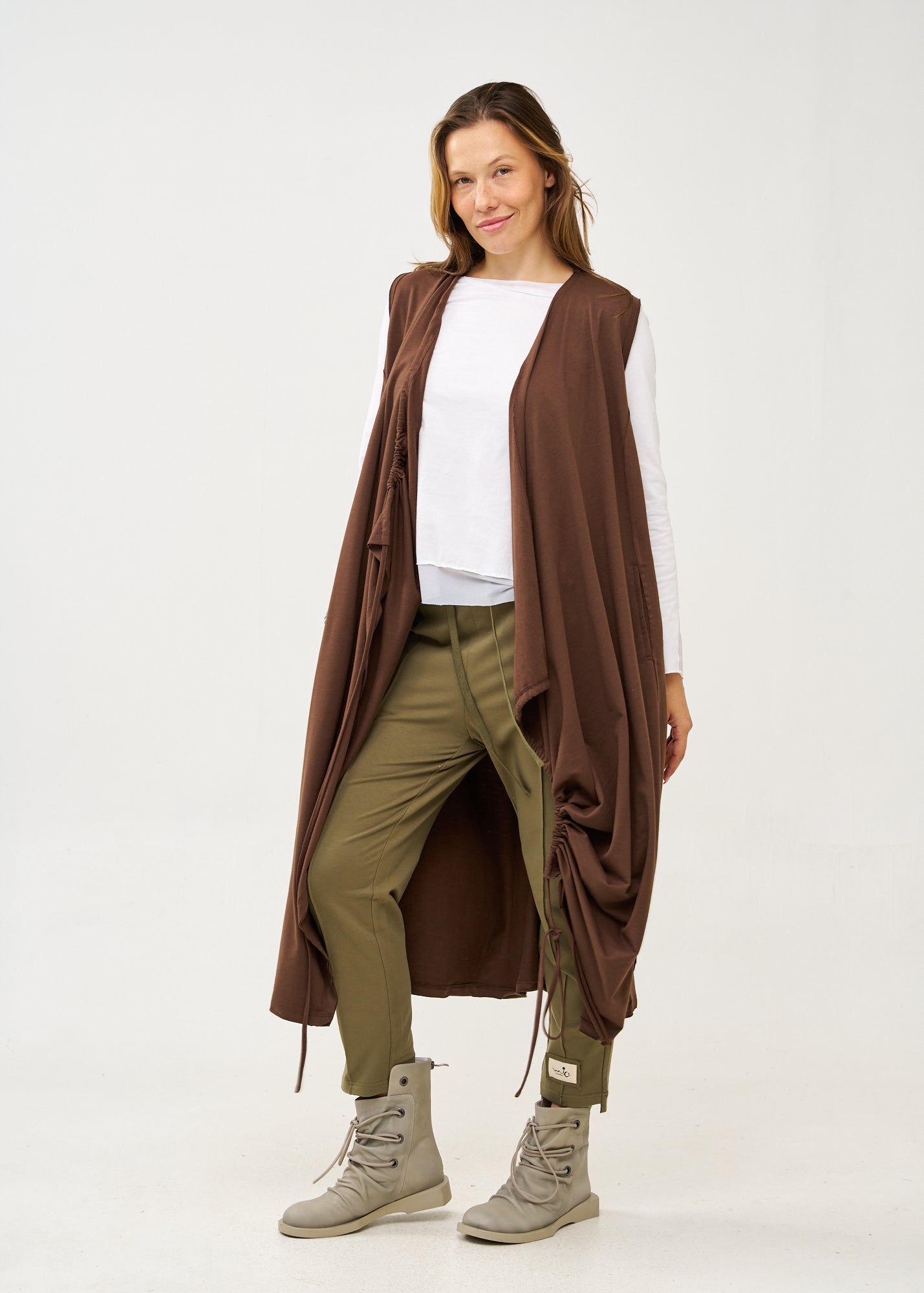Long sleeveless top with brown drawstring