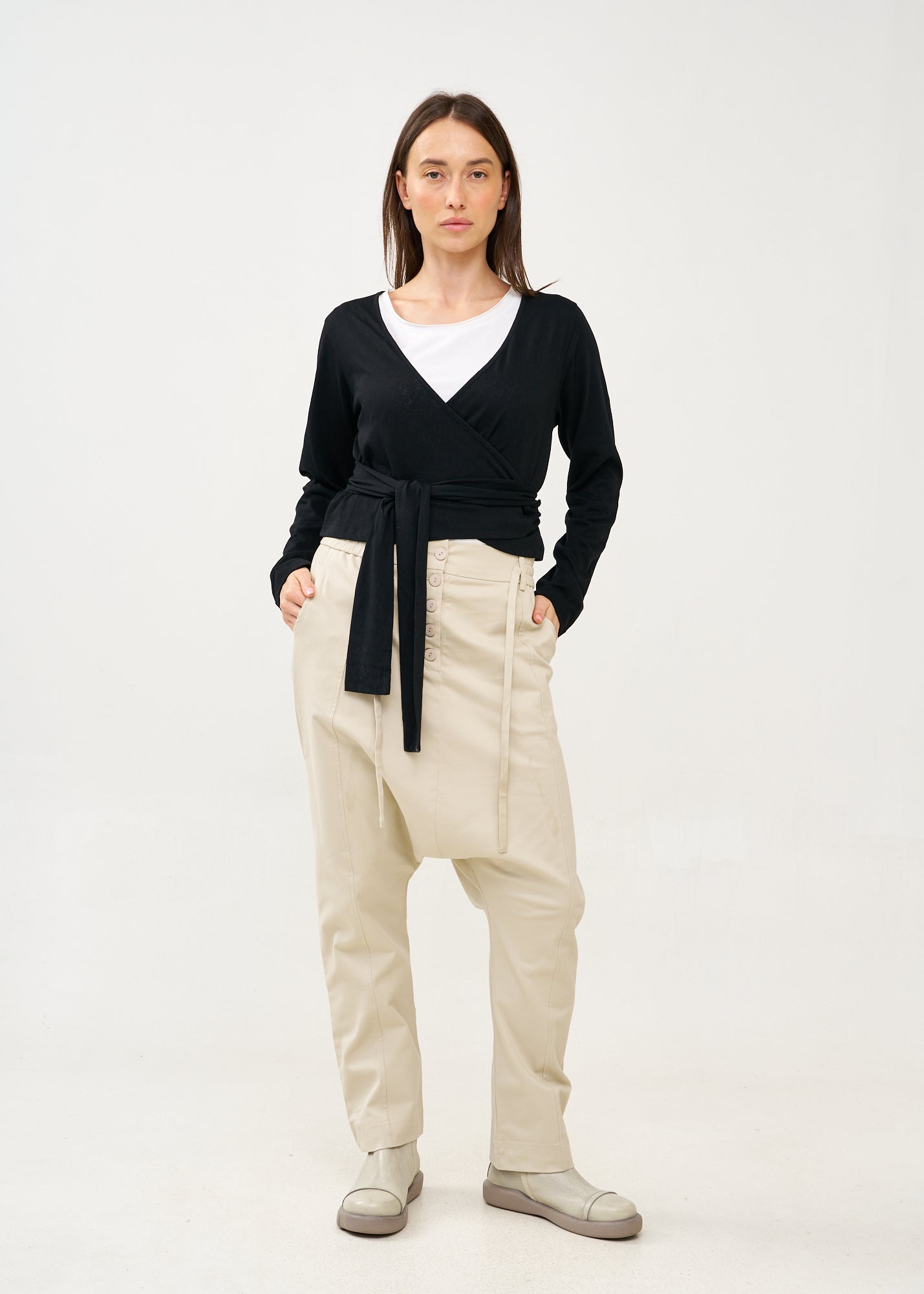 Black long sleeve tie-waist top