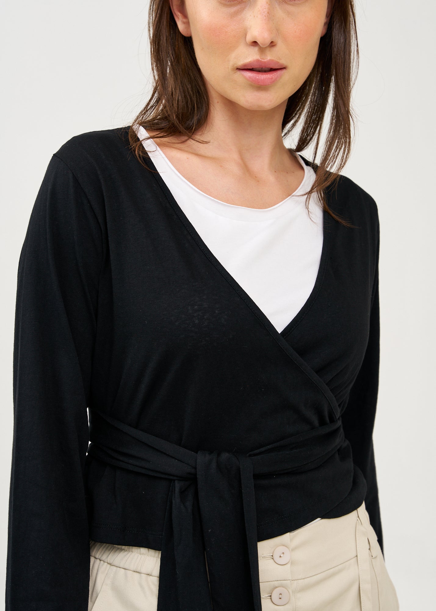 Black long sleeve tie-waist top