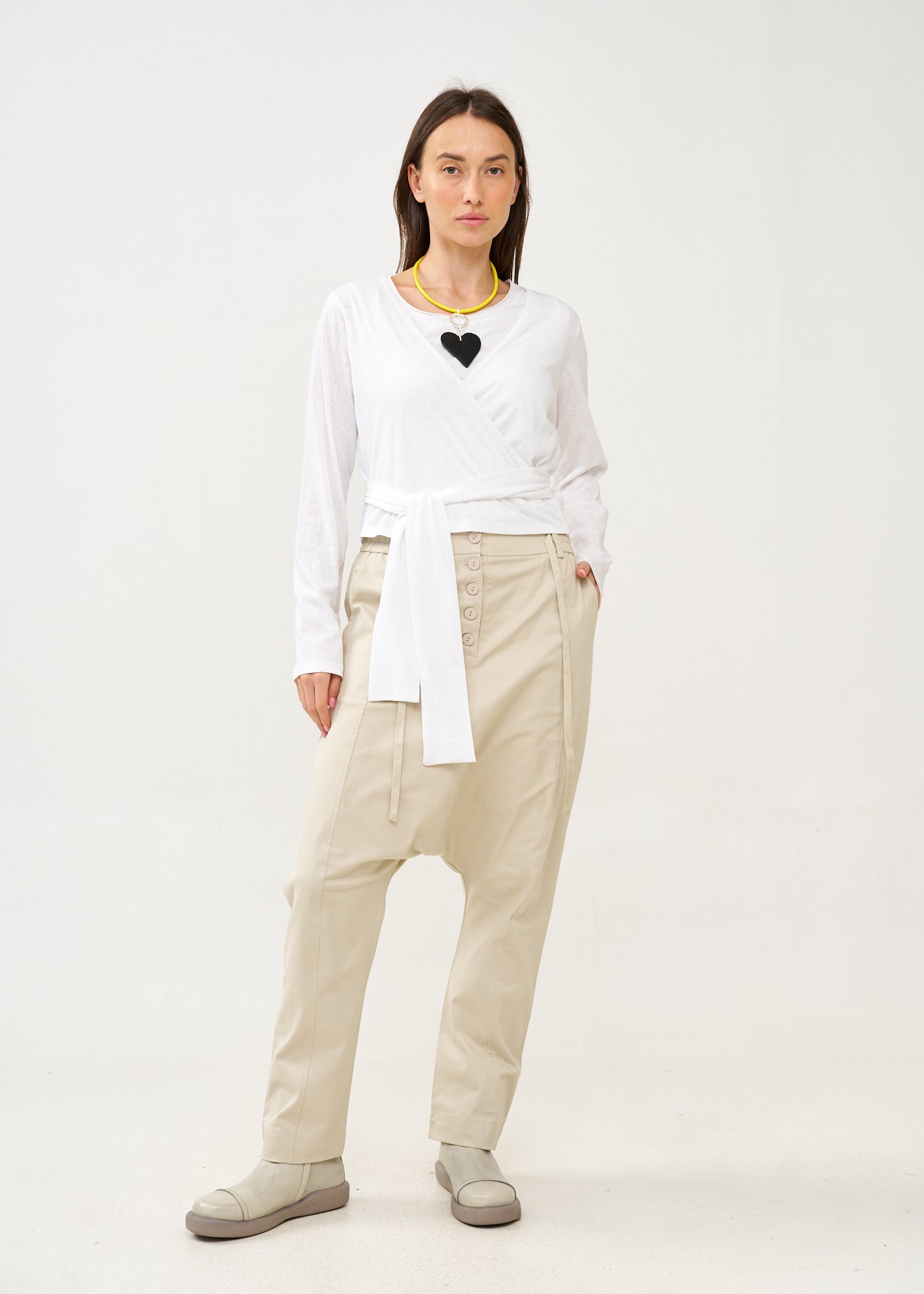 White long sleeve tie-waist top
