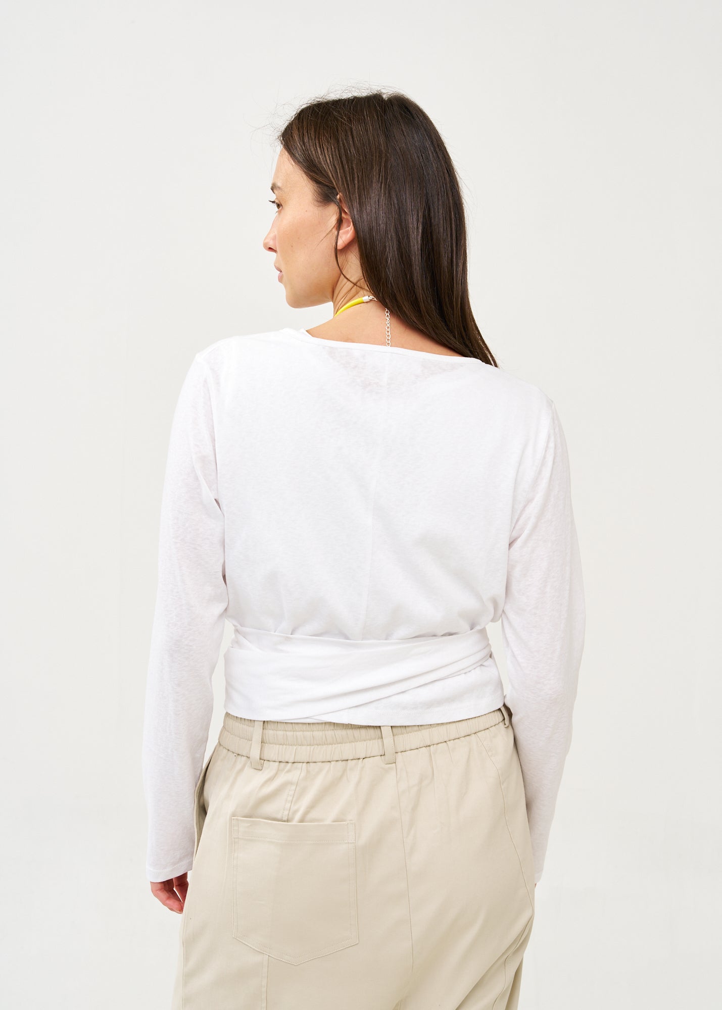 White long sleeve tie-waist top