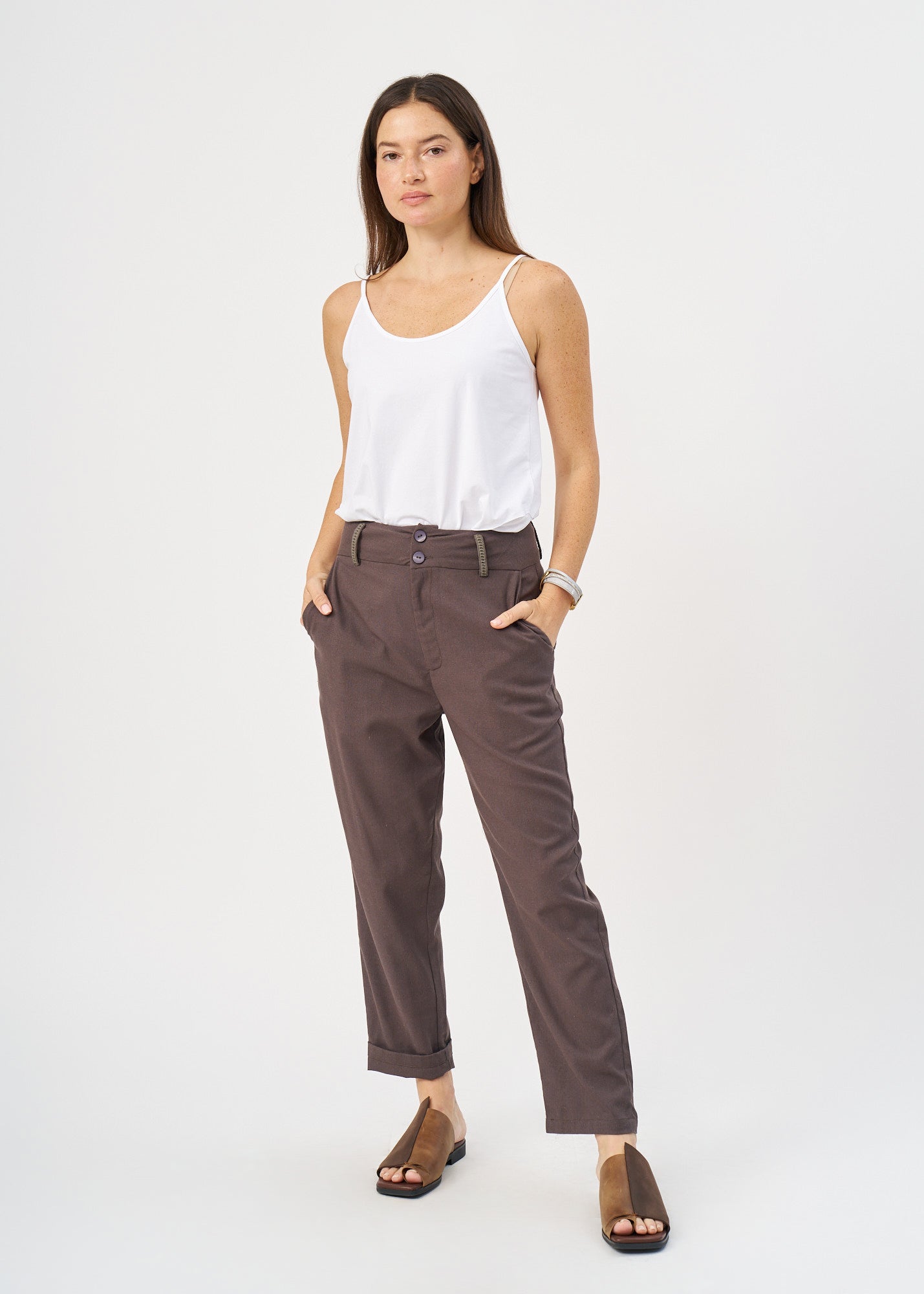 Dark gray ladder ribbon combination long pants