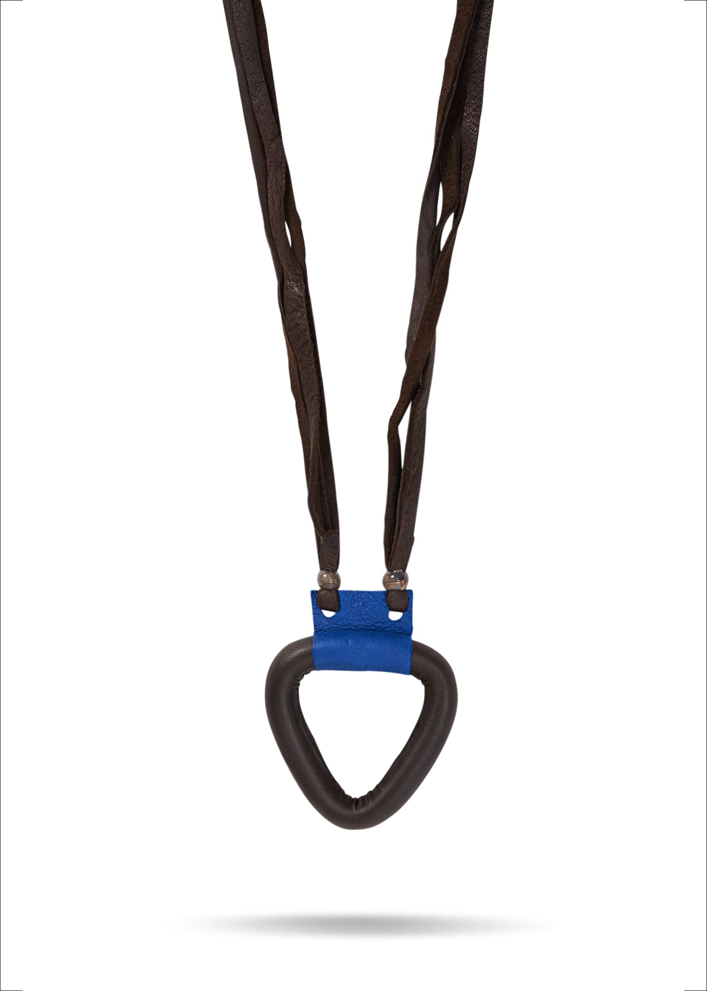 Leather cord necklace and triangular pendant wrapped in blue leather