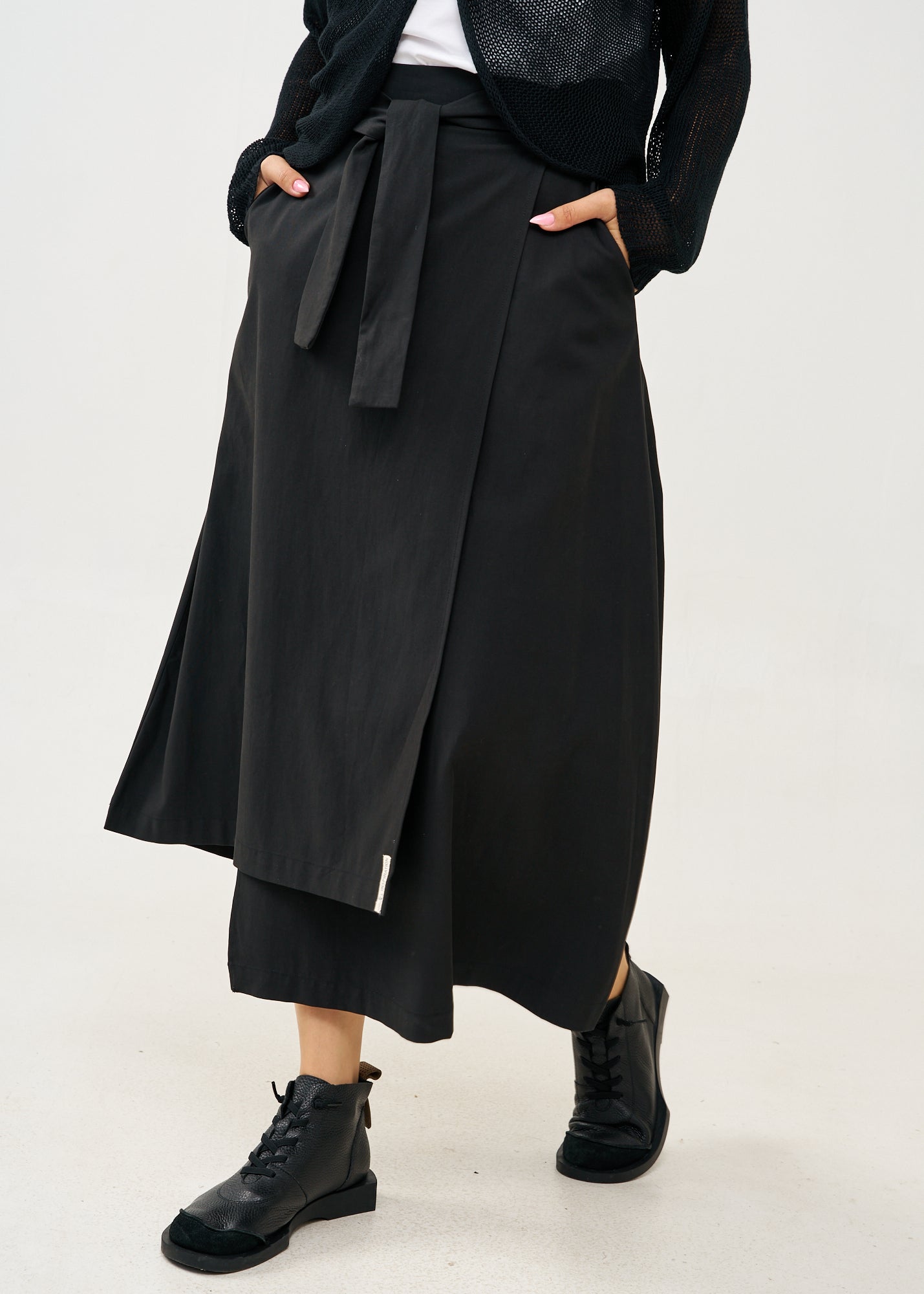 Asymmetrical wrap skirt with black belt
