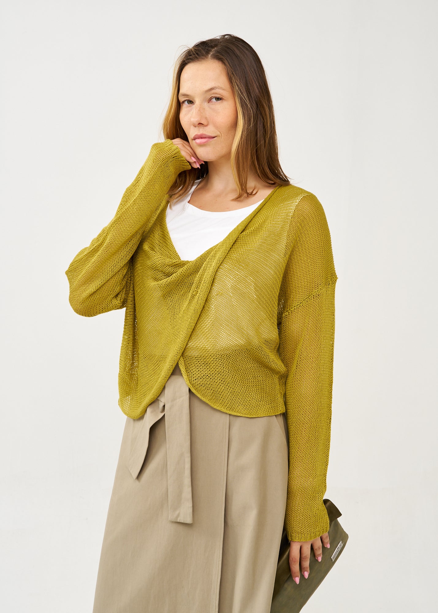Green thin knit forward wrap knit