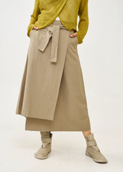 Asymmetrical wrap skirt with brown belt
