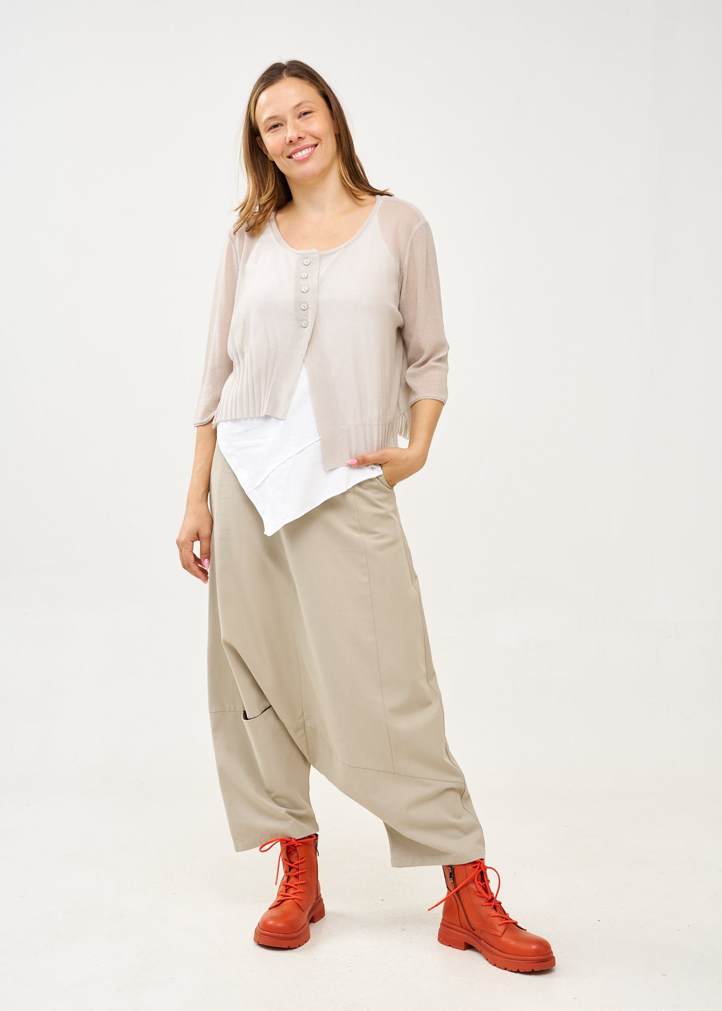Thin knit top with buttons, 3/4 sleeve, Stone