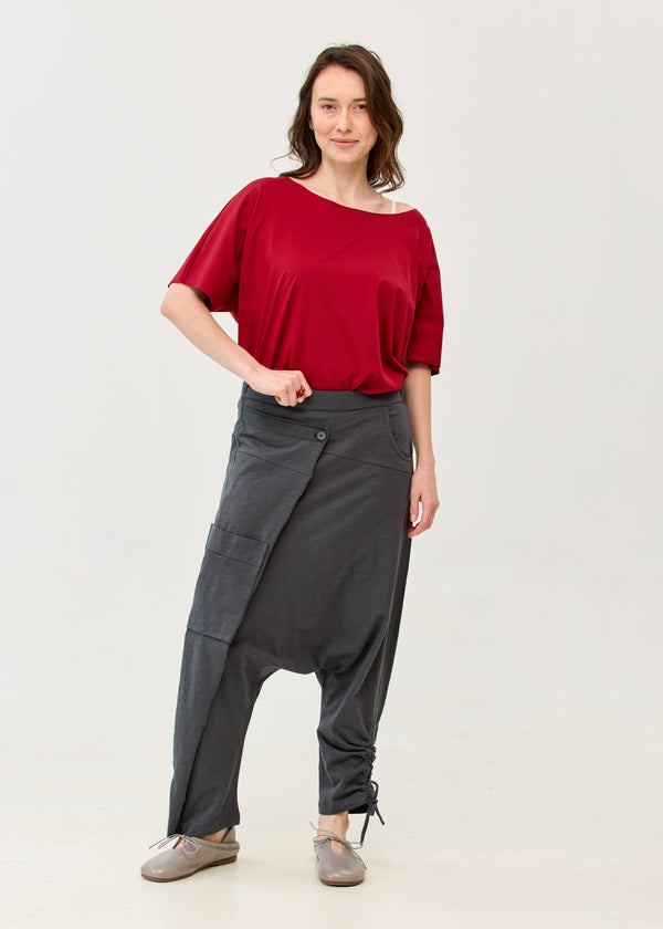 Cotton sack trousers with dark grey ribbon detailing