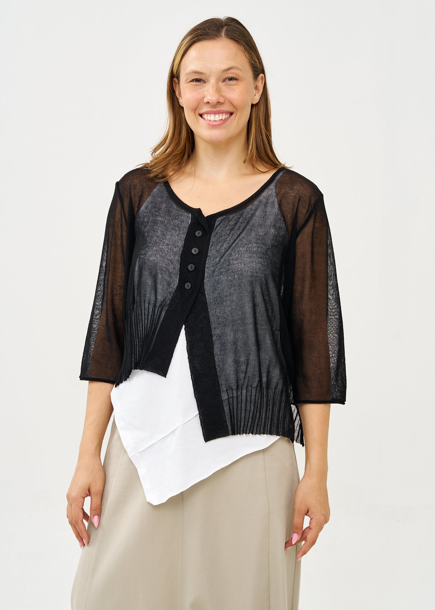 Thin knit top with buttons, 3/4 sleeves, black