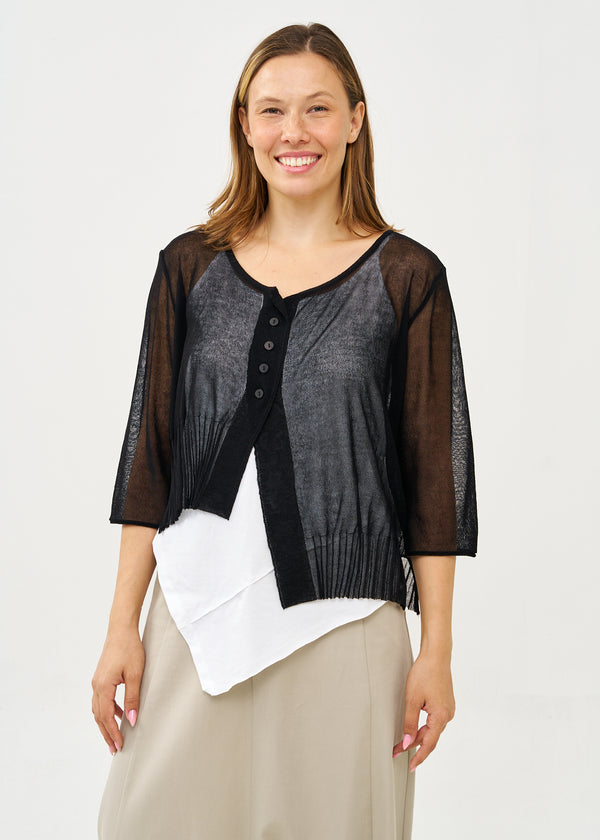 Thin knit top with buttons, 3/4 sleeves, black