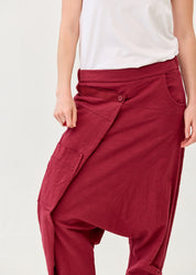 Cotton sack trousers with burgundy ribbon detailing