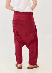 Cotton sack trousers with burgundy ribbon detailing
