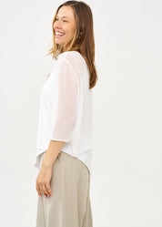 Thin knit top with buttons, 3/4 sleeves, white