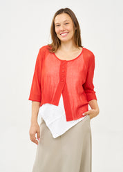 Thin knit top with buttons, 3/4 sleeves, red