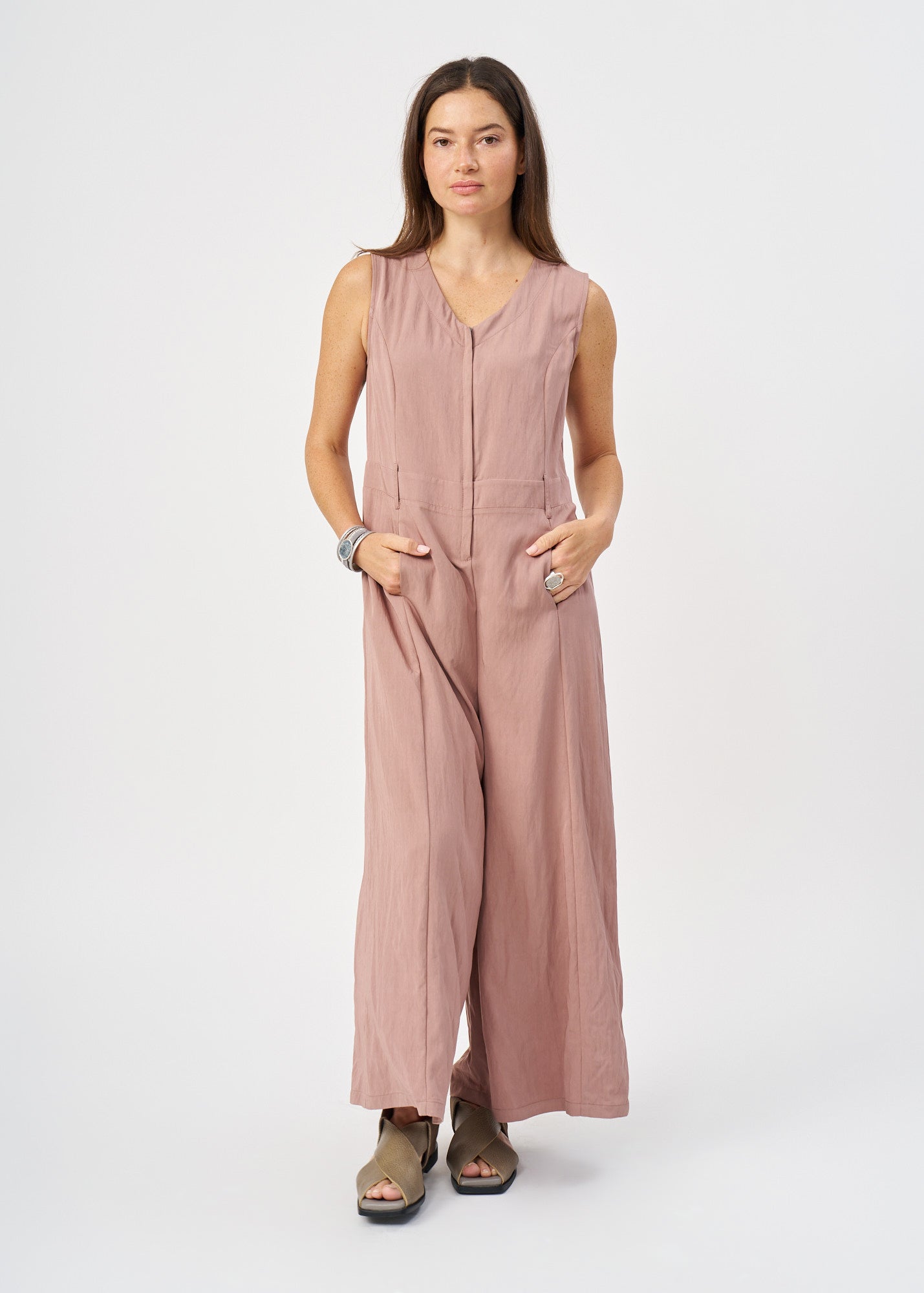 Pink wide leg V-neck jumpsuit