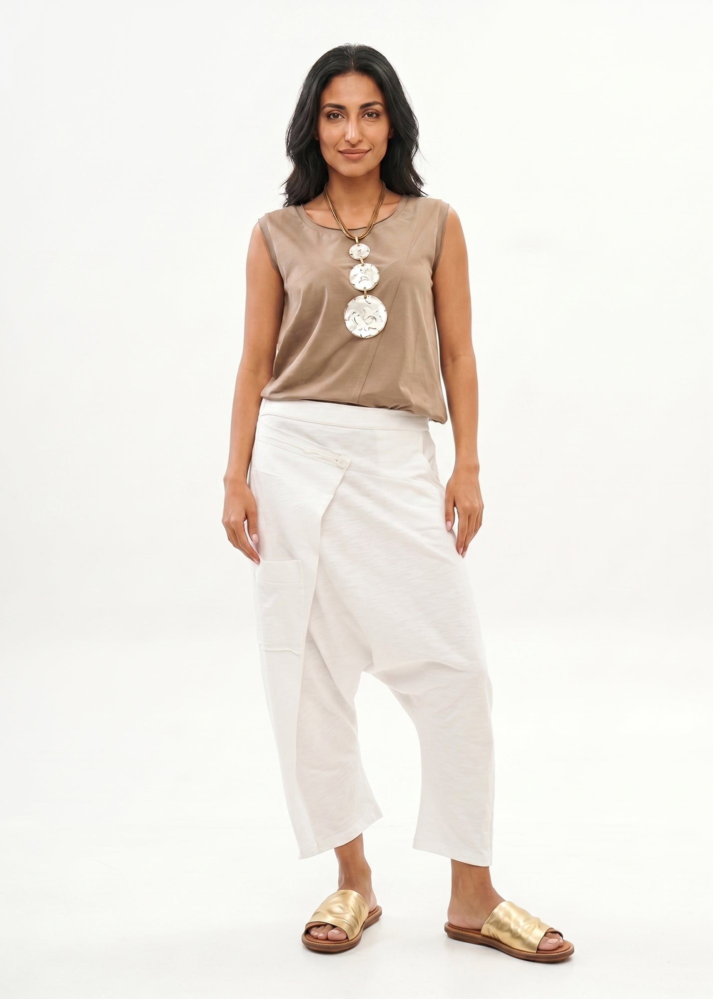 Cotton baggy pants with white ribbon combination
