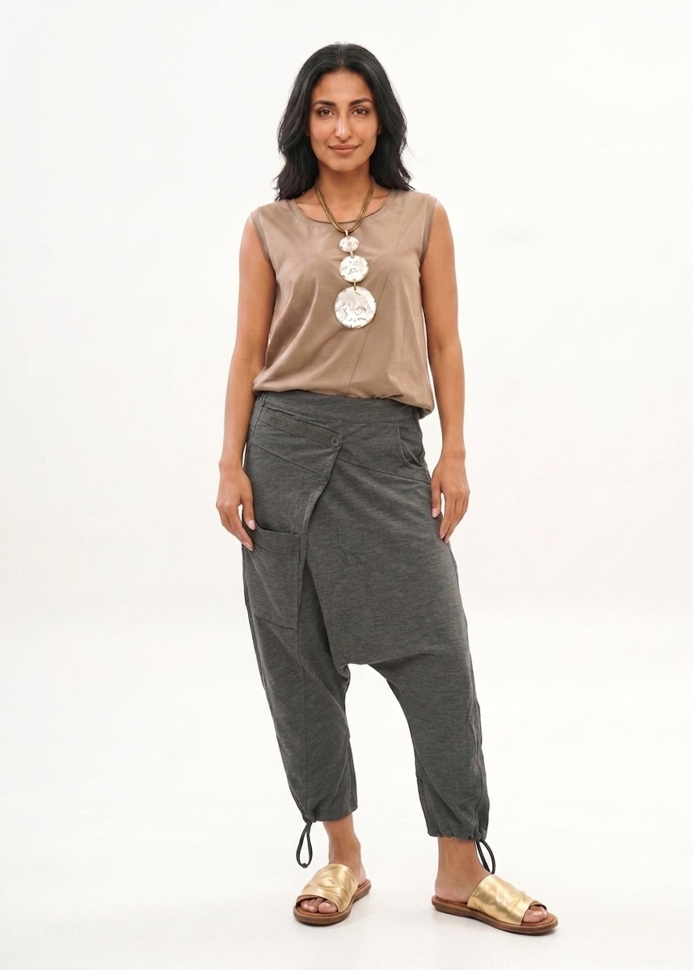 Cotton sack trousers with dark grey ribbon detailing