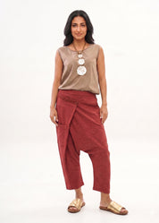 Cotton sack trousers with burgundy ribbon detailing