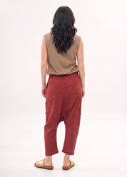 Cotton sack trousers with burgundy ribbon detailing