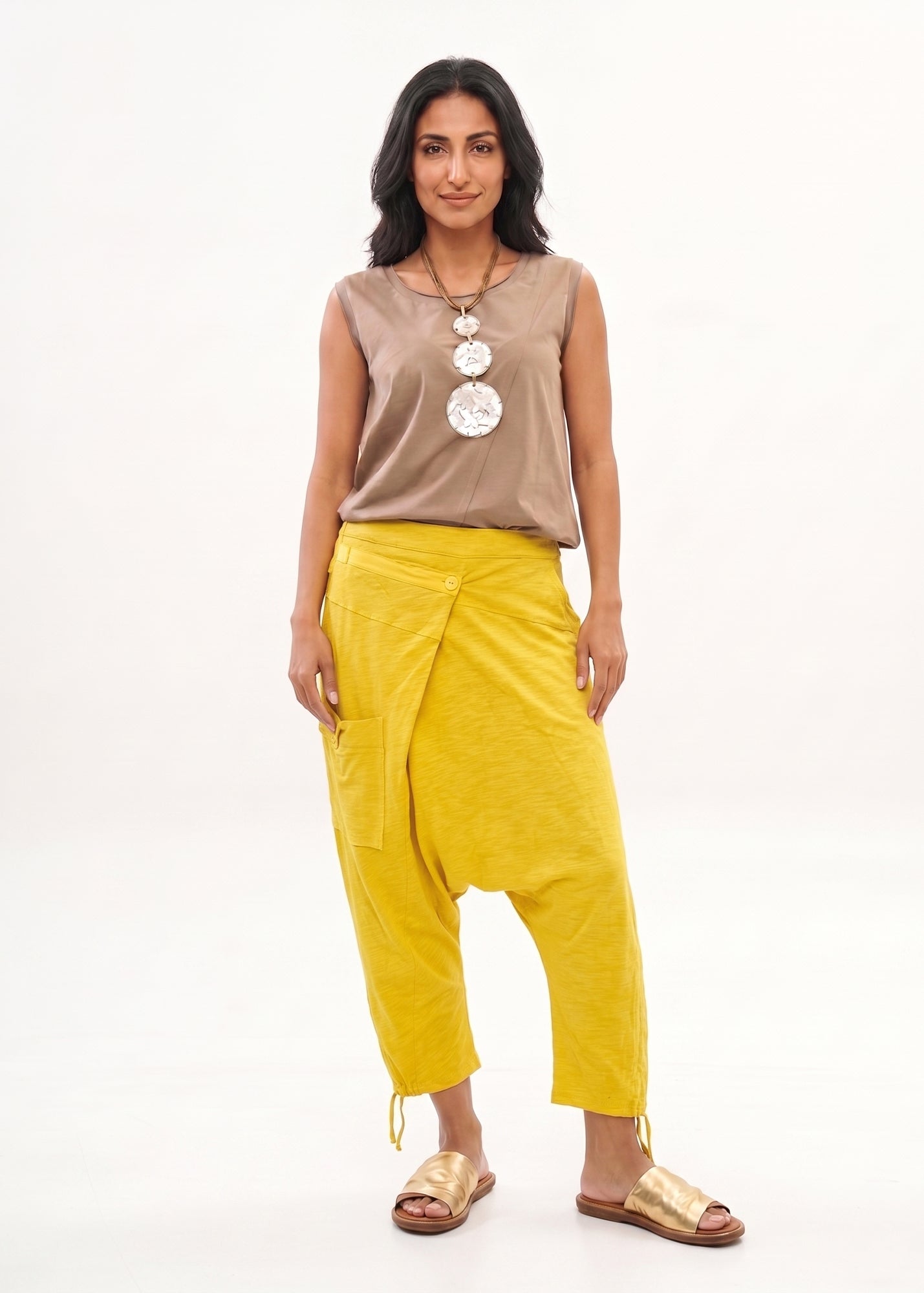 Cotton bag trousers mustard ribbon trim