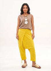 Cotton bag trousers mustard ribbon trim
