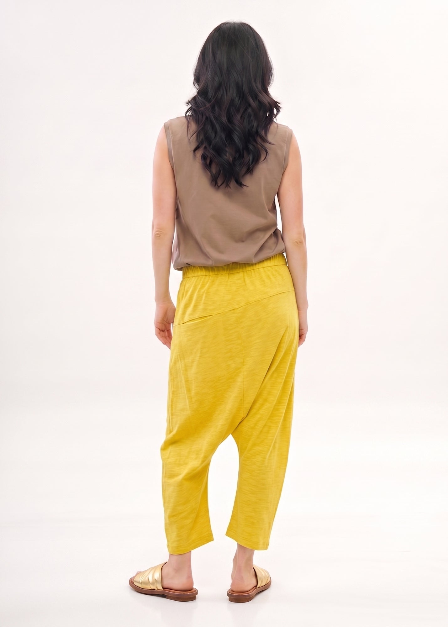Cotton bag trousers mustard ribbon trim