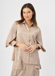 Brown satin button-down shirt with open sleeves