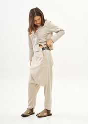 Trousers, two buckles, light grey ribbon trim
