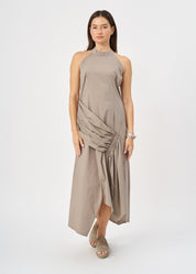 Halter-neck dress with ruching and a brown ribbon