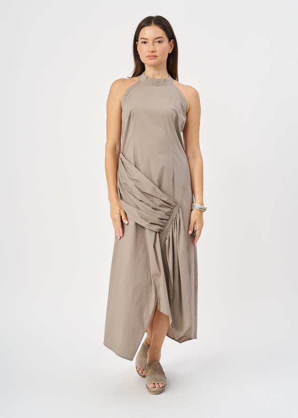 Halter-neck dress with ruching and a brown ribbon