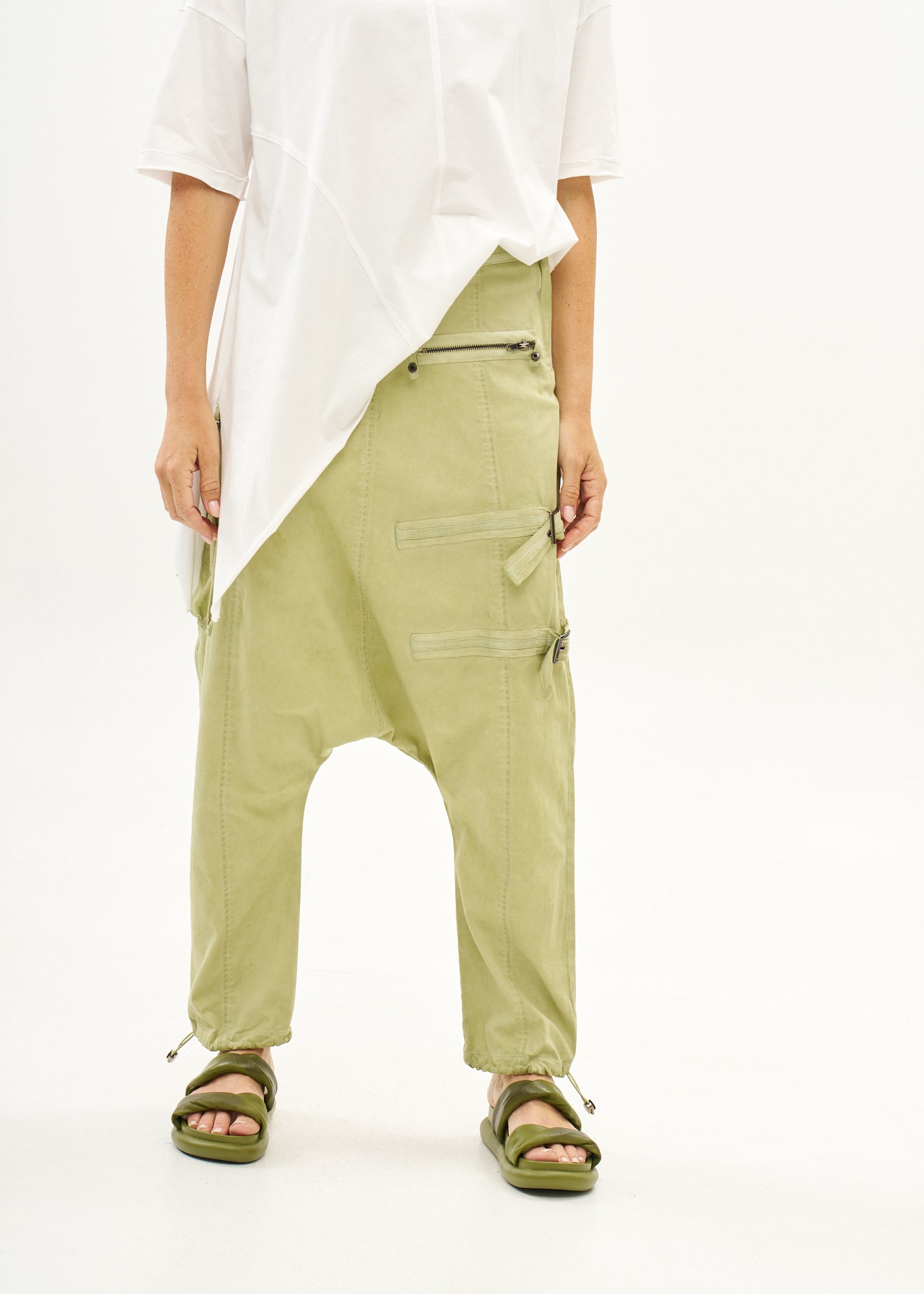 Baggy pants with zippers, light green wash, wash