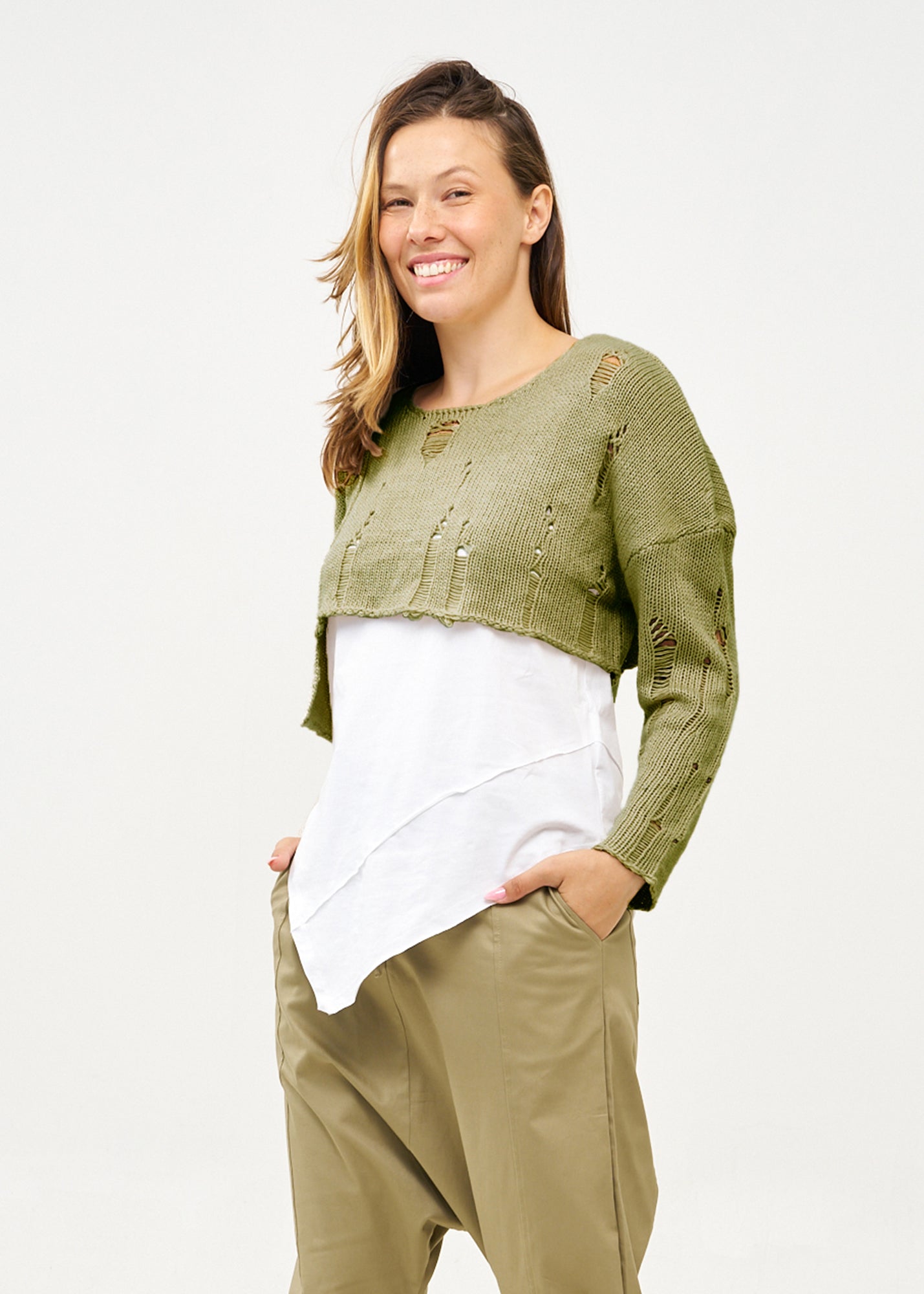 Asymmetrical extension knit with green primaries