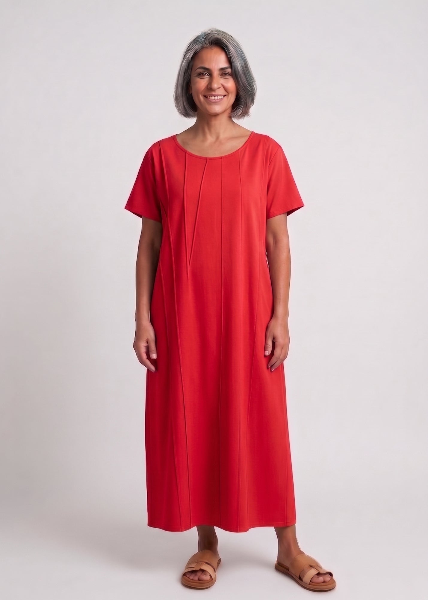Red short-sleeve dress with prominent stitching