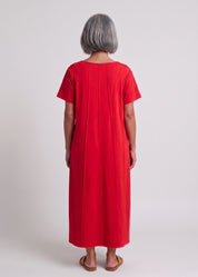 Red short-sleeve dress with prominent stitching