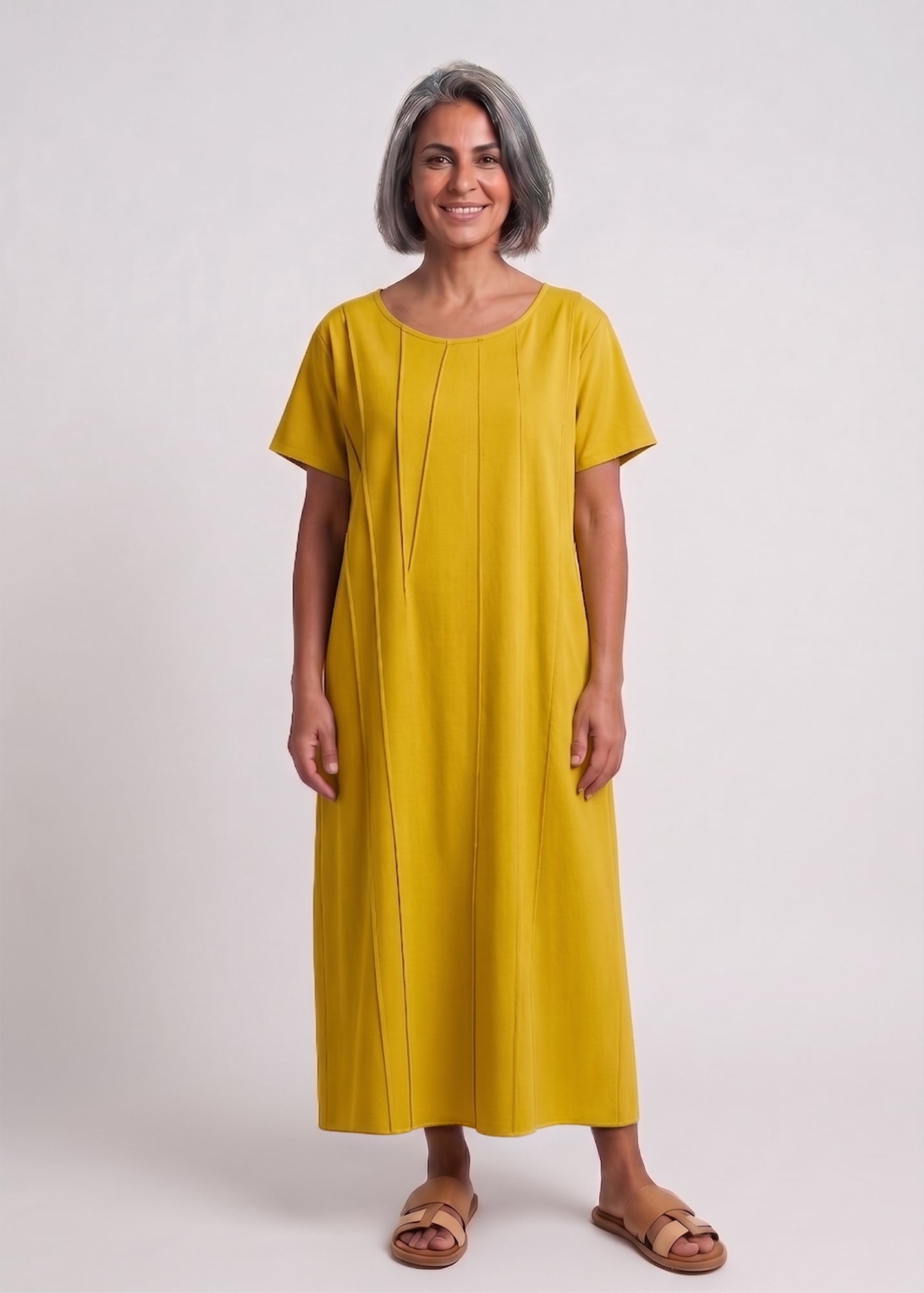Mustard short-sleeve dress with prominent seams