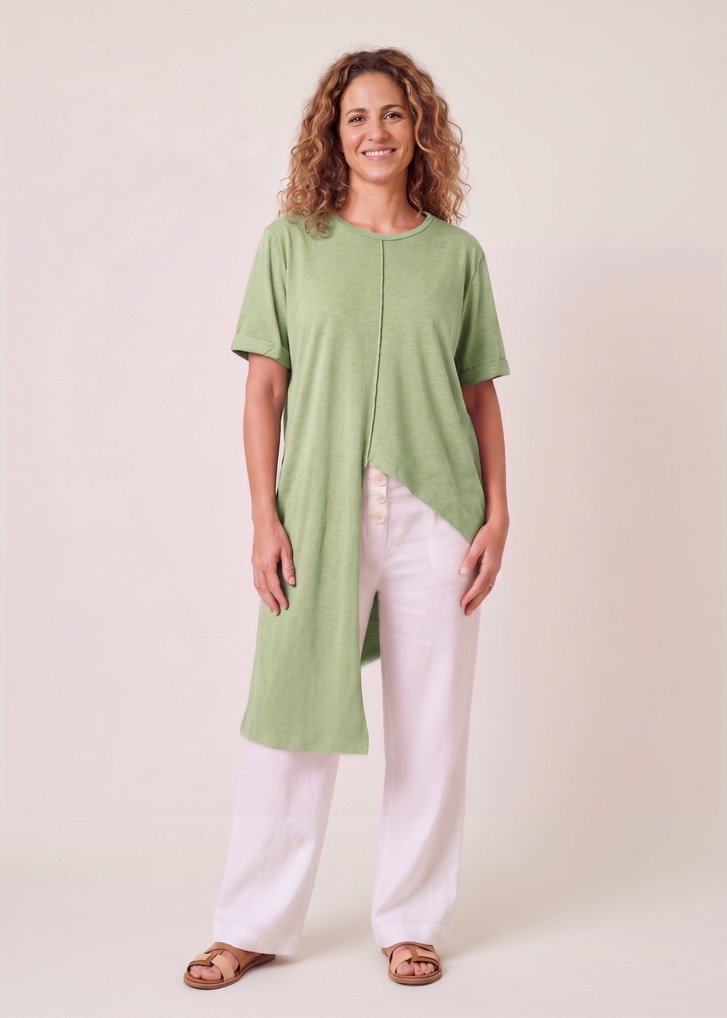 Light green short sleeve tunic short in the front