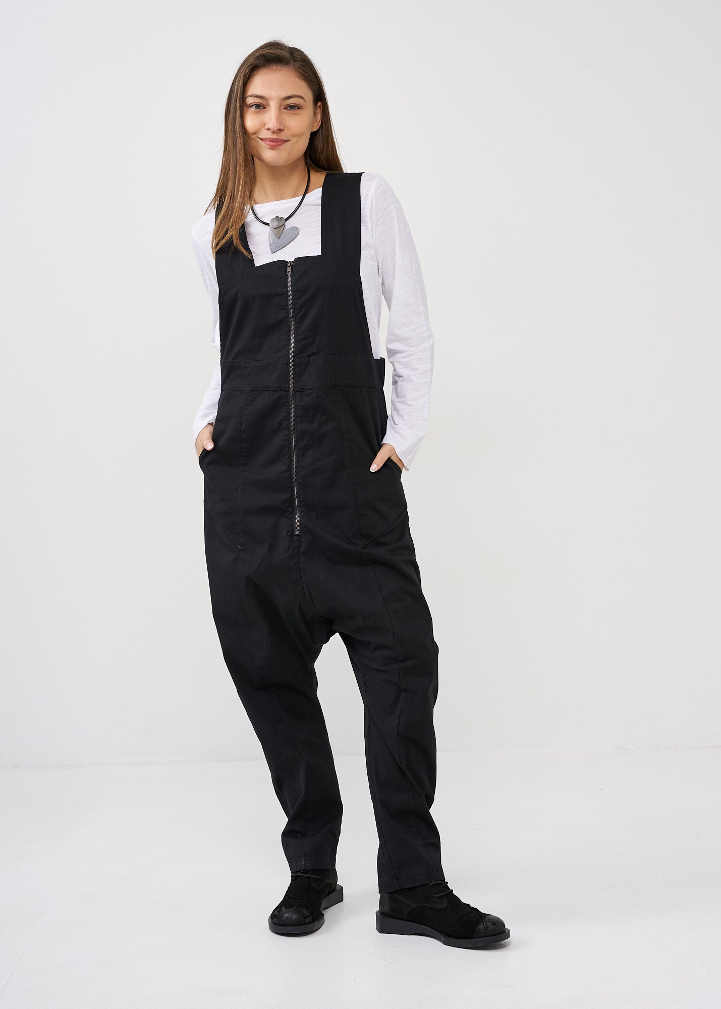 Black front zippered overalls