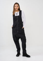 Black front zippered overalls
