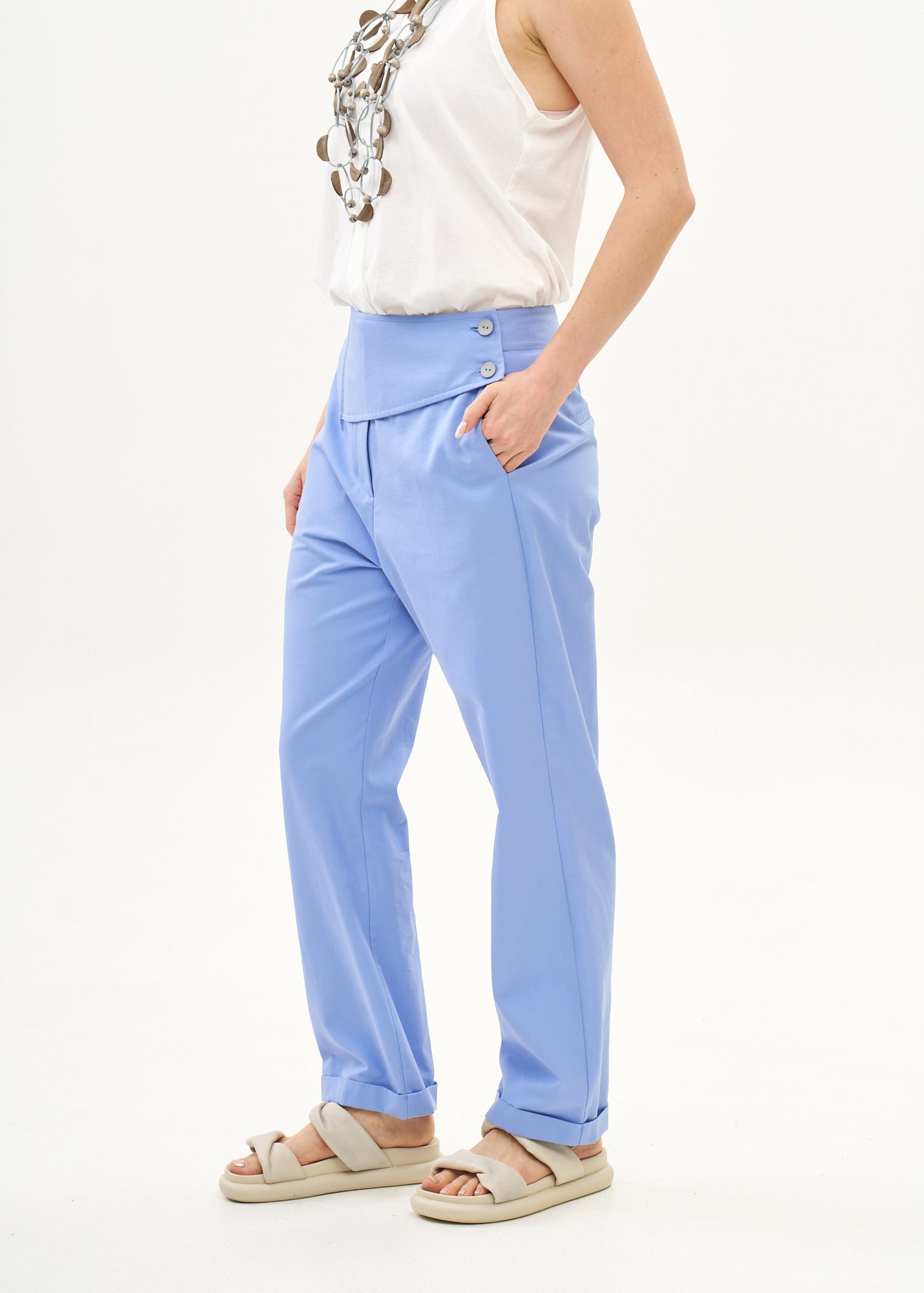 Blue wide half-belted pants