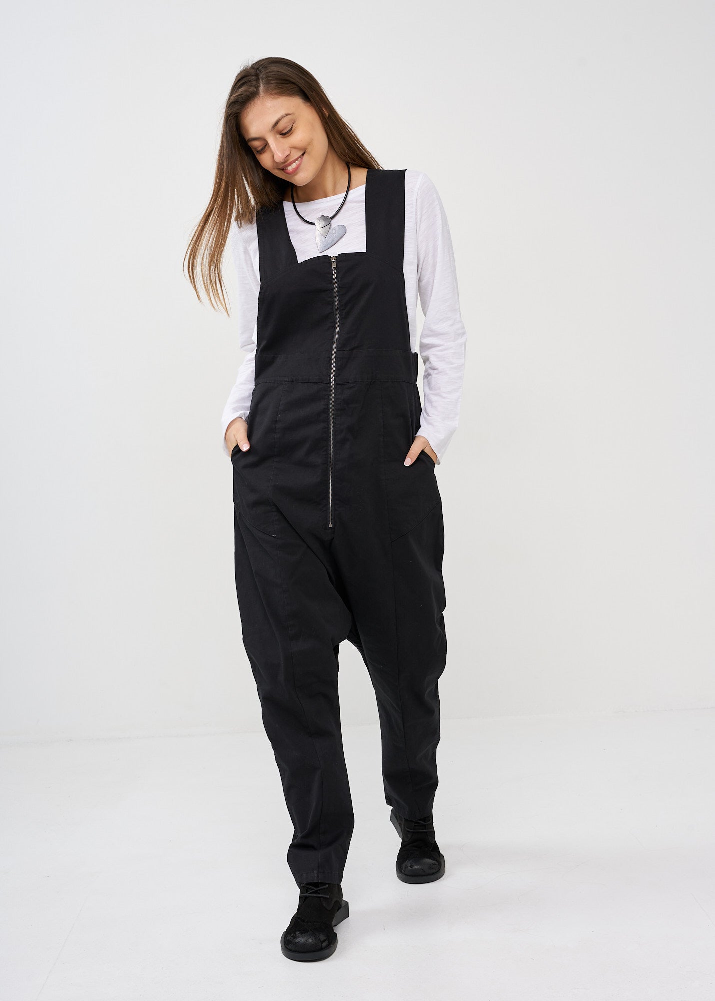 Black front zippered overalls