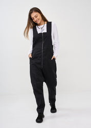 Black front zippered overalls