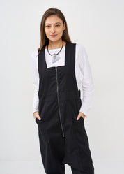 Black front zippered overalls