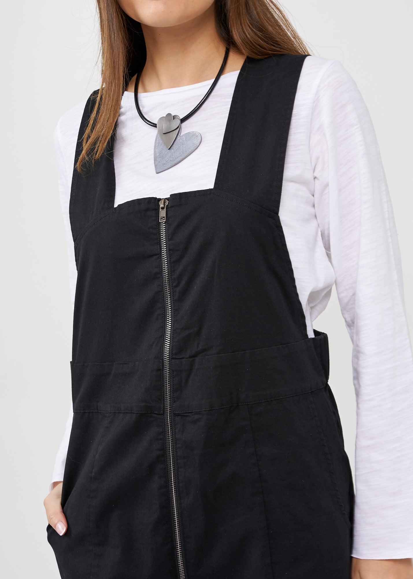 Black front zippered overalls