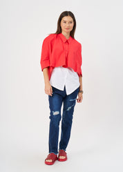 Red deep collar button-up