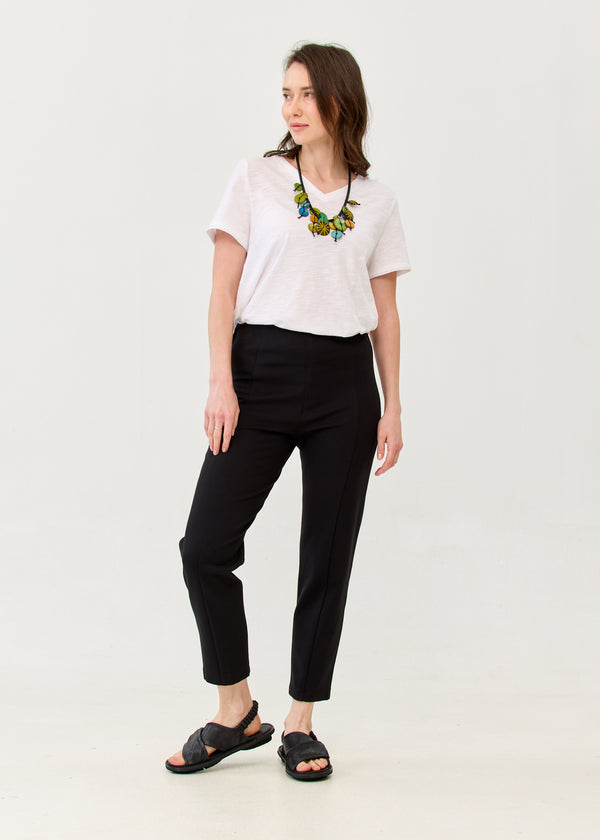 Black trousers with lycra, elastic, and an internal drawstring