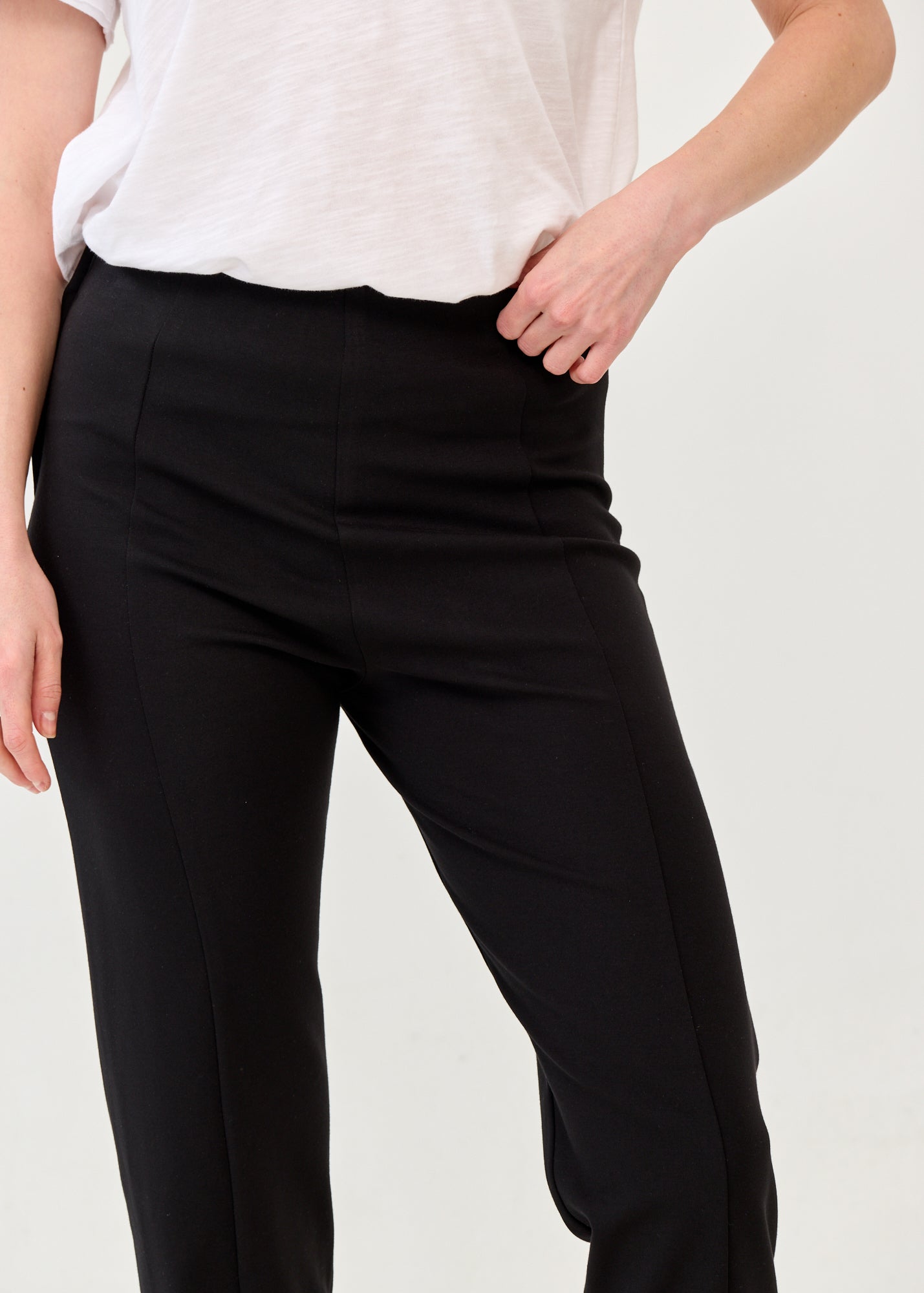 Black trousers with lycra, elastic, and an internal drawstring