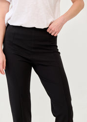 Black trousers with lycra, elastic, and an internal drawstring