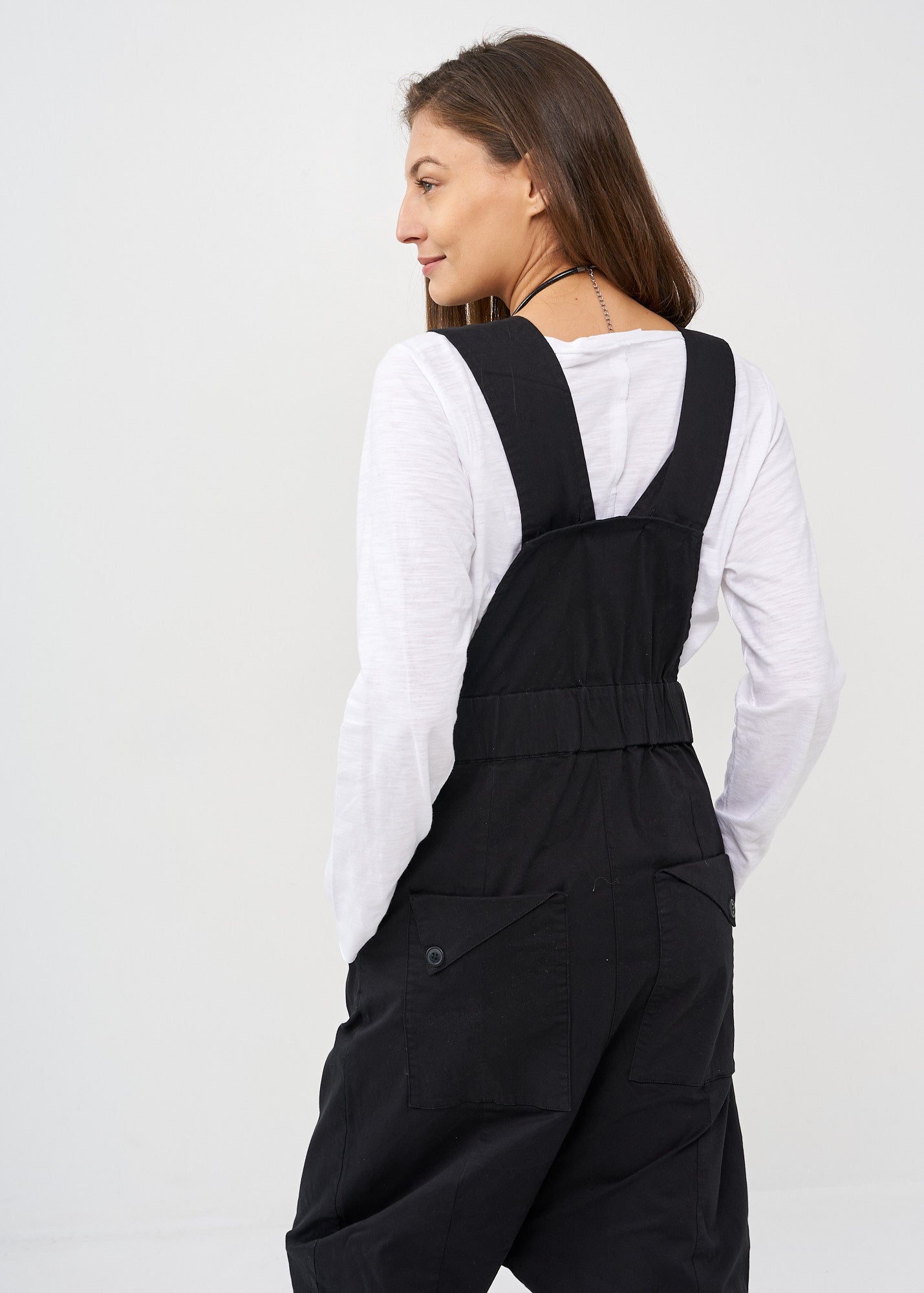 Black front zippered overalls