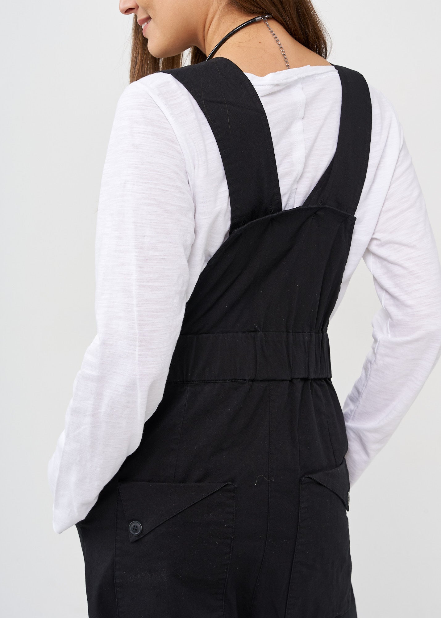 Black front zippered overalls